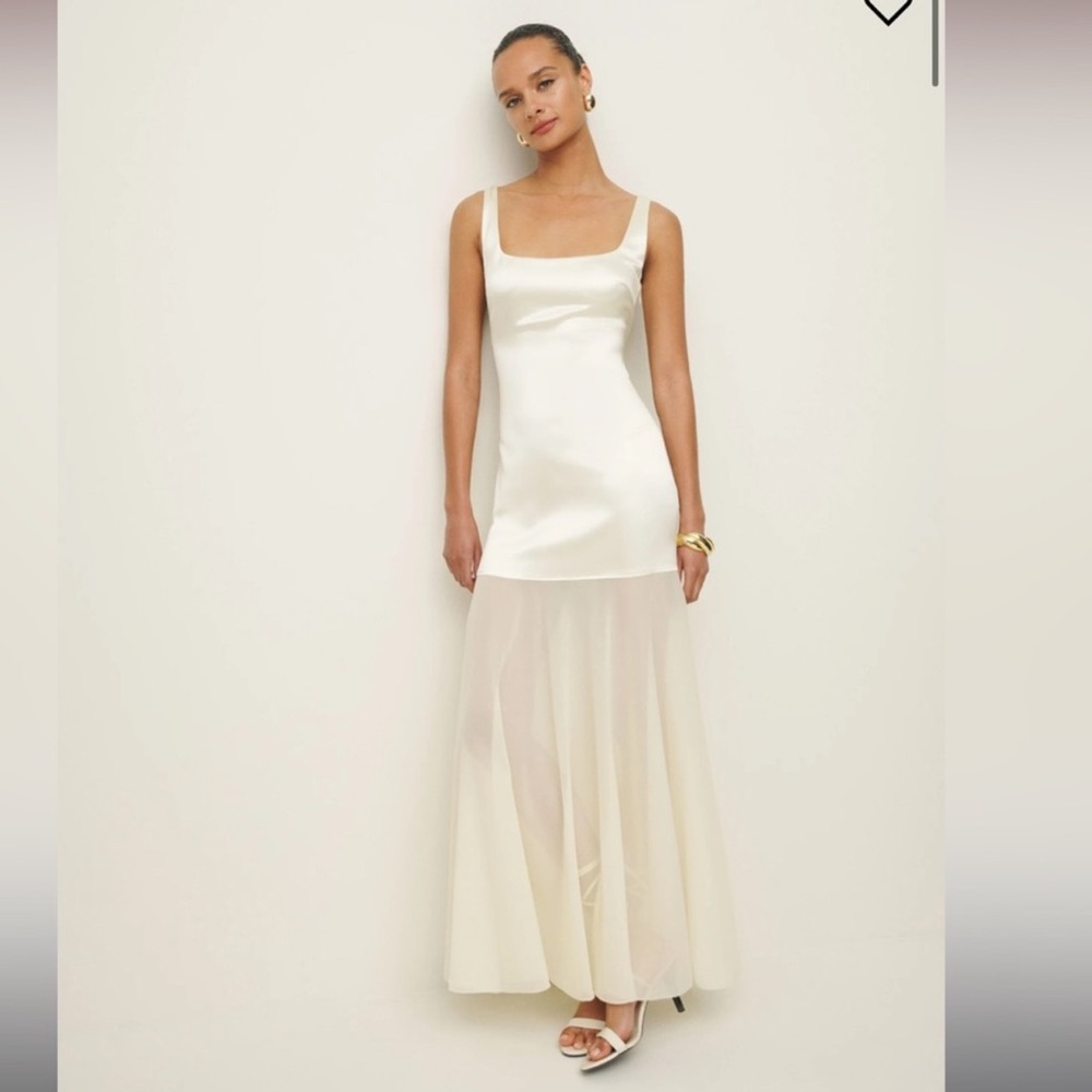 Reformation Cream Satin & Sheer Maxi Dress